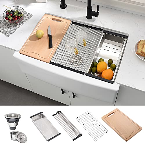 33 Inch Fireclay Farmhouse Sink Workstation - Hovheir 33x21 Workstation Apron Front Farm Kitchen Sink White Ceramic Porcelain Single Bowl Farm Sink Extra Deep Wide Curved Front Undermount Farm Sinks