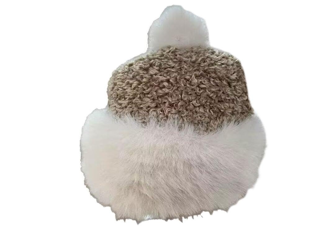 Plancholo Women's Beige Winter Beanie Hat Plush Warm Hat Winter Bucket Hat Fluffy Faux Fur Fisherman Cap