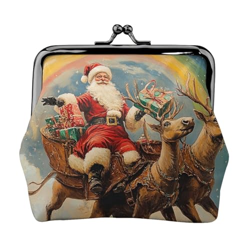 Pu Leather Buckle Coin Purse Merry-Christmas-Rainbow-Santa Girls Kiss-Lock Change Purse Wallets