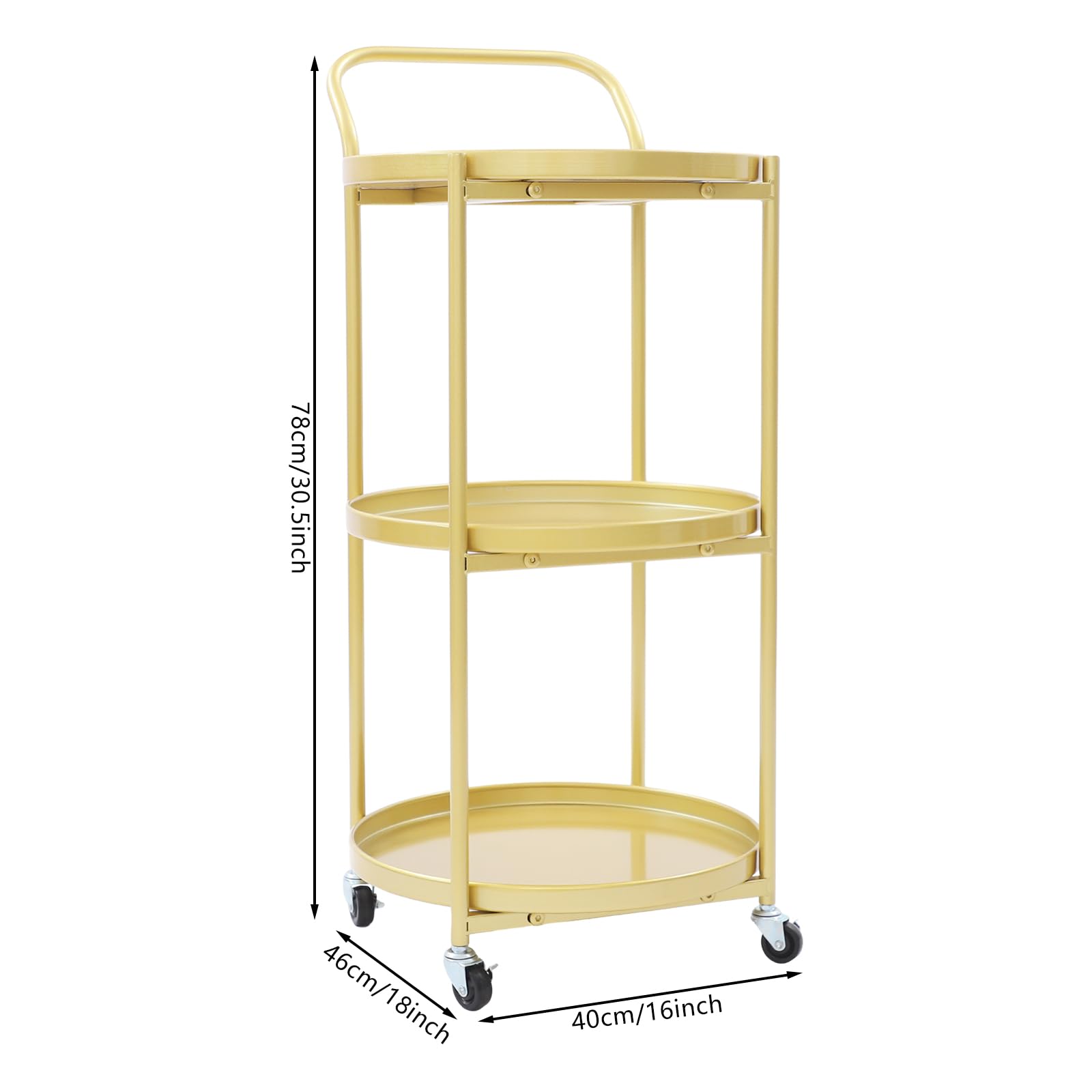 Carrello da portata con struttura in metallo a 3 livelli, carrello rotondo, per cucine, salotti, camere da letto, capacità di carico di ogni livello 9,1 kg, 46 x 40 x 78 cm