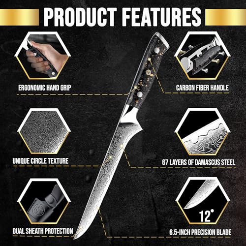 Elite Series 6.5-Inch Damascus Fillet Knife | VG10 Core, Gold-Infused Carbon Fiber Handle | Fish Fillet & Petrified Fish Knives with Dual Sheaths | Damascus Kitchen Knife for Meat, Fruits & Vegetables