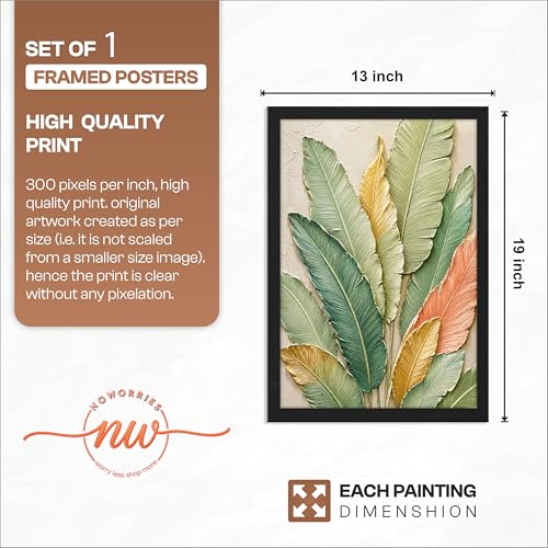 Image of NoWorries 3D Tropical Leaf Wall Painting with Frame Set of 1 | Premium Textured Green Botanical Leaves Artwork, Luxury Nature Wall Decor for Living Room, Bedroom, Office and Home Decoration (3d Art-18,13x19inch)