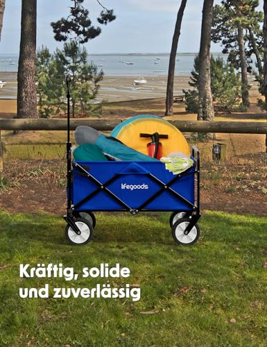 LifeGoods Bollerwagen Faltbar - Faltbarer Bollerwagen - Handwagen Klapbarr - Gartenwagen - Transportwagen - Strandwagen - Strand - Klappbarer – 360 Grad Drehbare Vollgummireifen - 94L– 98x45cm - Blau – Bild 6