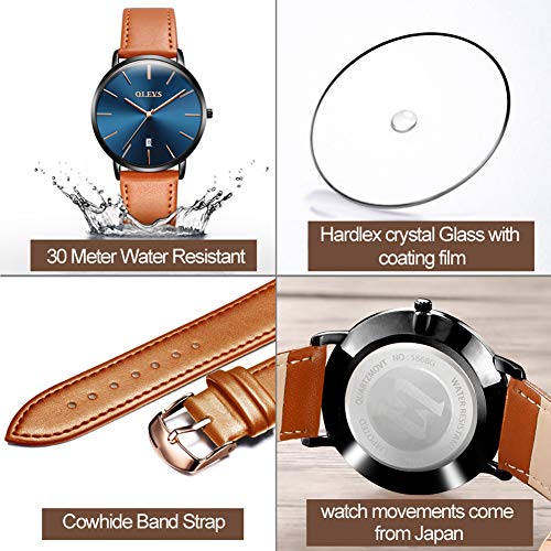 Image of OLEVS Men Leather Watches Black Ultra Thin 6.5mm Minimalist Dress Fashion Simple Casual Waterproof Date Watch for Men