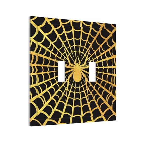Decorative Switch Plate Covers Black Background with Golden Spiderweb Spider 2 Gang Light Switch Cover Plate Unique Double Toggle Wall Plate Outlet Covers for Bedroom Home Decor