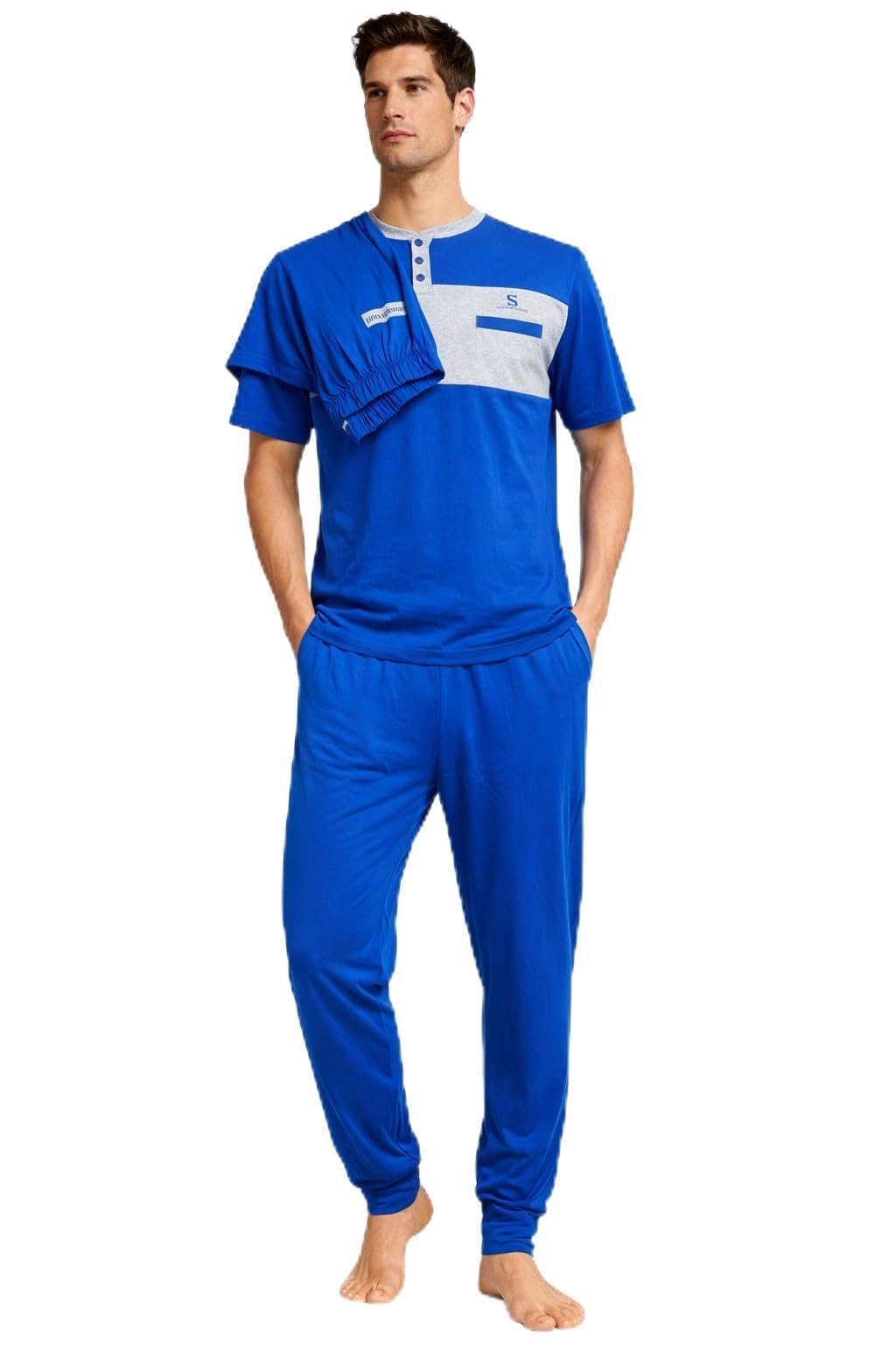 Men's 3 Piece Polycotton Pyjamas - Half Sleeve Top, Long Trousers and Shorts, Home Night Set, Various Colours and Sizes - 5