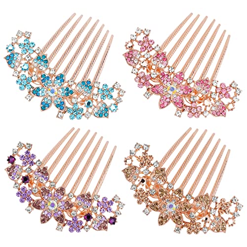 inSowni 4 Pack Luxury Glitter Sparkly Jeweled Gems Crystals Rhinestones Gold Metal Hair Side Combs Slides with Long Teeth Hair Bun Chignon Accessories Hairpins Barrettes Clips for Women Girls