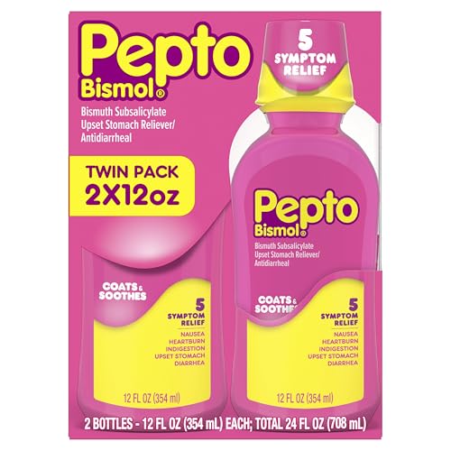 Pepto Bismol Liquid, Upset Stomach Relief, Nausea Relief, Heartburn Relief, Indigestion Relief, Anti Diarrhea Medication for Adults - 5 Symptom Fast Relief, 2x12 oz (Packaging May Vary)