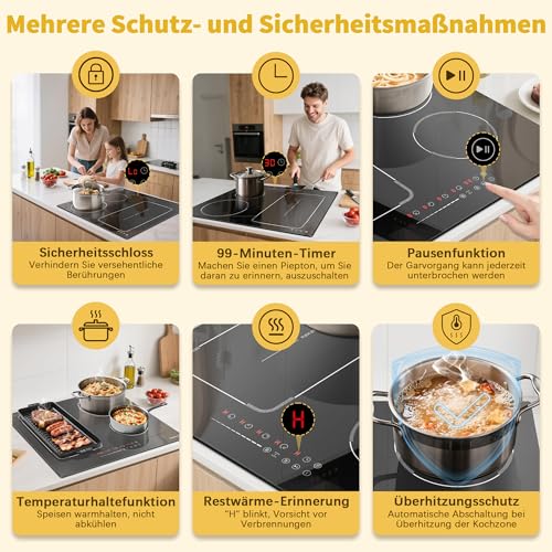 Karienvir Induktionskochfeld 60cm mit Stecker, Kochfeld Induktion 4 Platten mit Flexzonen...
