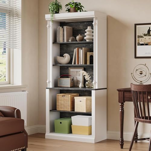 Garvee 71 Inch Tall Storage Bookshelf with 5-Tier Open Shelves, Roman Column Bookshelf with LED Lights, Display Cabinet for Home Office Living Room, White & Grey Grain, Without Doors