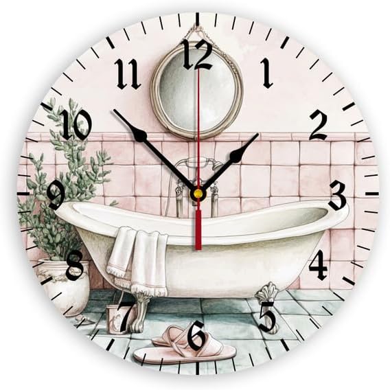 Watercolor Vintage Bathtub Battery Operated Wall Clocks 12 Inch,Vintage Bathtub,Silent Home Decor for Bathroom,Living Room,Bedroom
