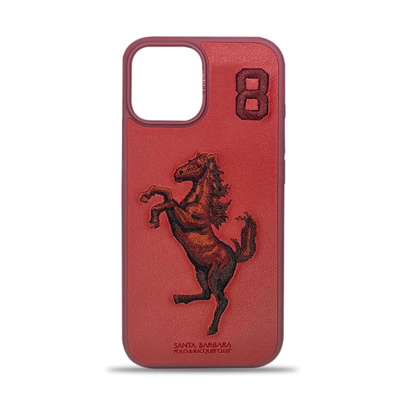 Image of Santa Barbara Embroidered Horse Series Leather Red Back Case Compatible with iPhone 15 Series (iPhone 15)