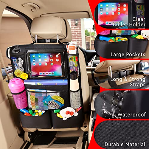 Helteko Car Seat Organiser, Kick Mats Back Seat Protector with Touch Screen Tablet Holder, Car Backseat Organiser for Kids, Car Travel Accessories, Car Organiser with 9 Storage Pockets, 2 Pcs