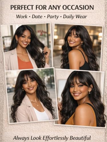 Image of Beauty Forever 13x4 Lace Front Wig Human Hair Glueless Pre Plucked Pre Cut,Loose Wave Wig with Curtain Bangs for Black Women, Fluffy Natural Black Ready to Wear Drawstring Wig, 150% Density 22 Inch