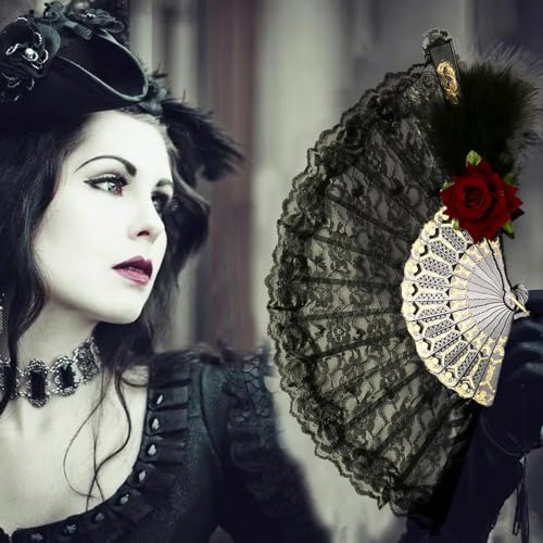 Generic Halloween Black Hand Fan Lace Rose Handheld Gothic Retro Flower Large Folding Fan for Halloween Party Cosplay Costume Photo Props, Halloween Gothic Fan Cosplay Decoration Supplies