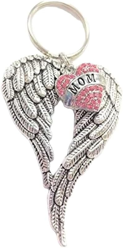 Llavero de alas de ángel conmemorativo para mamá, regalo de condolencias con corazón de diamantes de imitación rosa