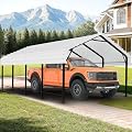 JAMFLY Carport, 12X20 ft Metal Carport, Heavy Duty Canopy with Galvanized Steel Roof and Frame, Metal Car Garage Upgraded Extra Large Garage for Pickup, Boat, Car and Tractors, White