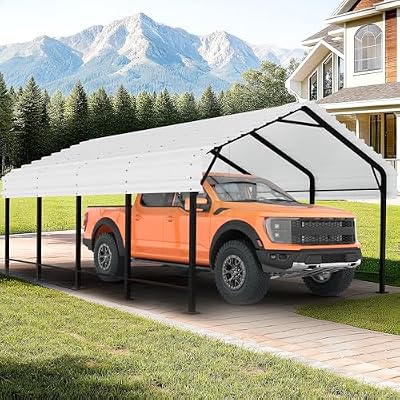 JAMFLY Carport, 12X20 ft Metal Carport, Heavy Duty Canopy with Galvanized Steel Roof and Frame, Metal Car Garage Upgraded Extra Large Garage for Pickup, Boat, Car and Tractors, White