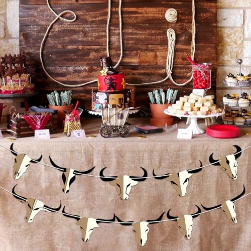 Image of Hooqict Western Cowboy Rodeo Party Banner Western Birthday Party Decorations Bull Skull Banner Western Happy Birthday Banner Garland for Wild West Country Birthday Decorations