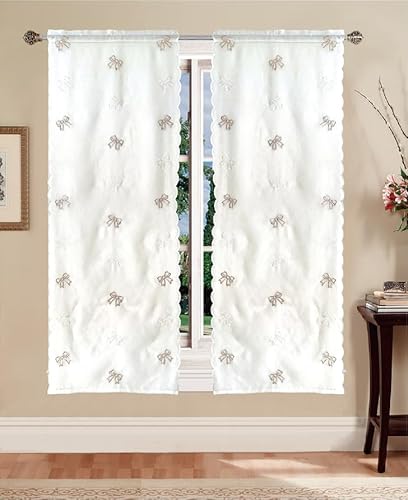 Tata Home Coppia Tende a Vetro Bianche Semitrasparenti Cucina Tendine Bagno Ricamate Misura 60x150 cm Colore Naturale/Beige Mod. RAQUEL B1