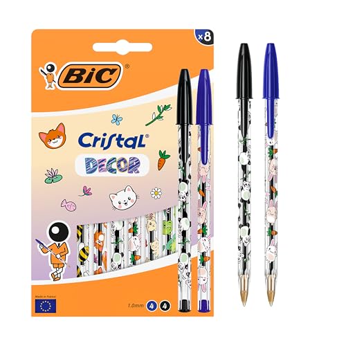 BIC Cristal Decors Kawaii Bolígrafos de Punta Media (1,00 mm), Tinta Azul y Negra - Diseños Kawaii Surtidos, Pack de 8