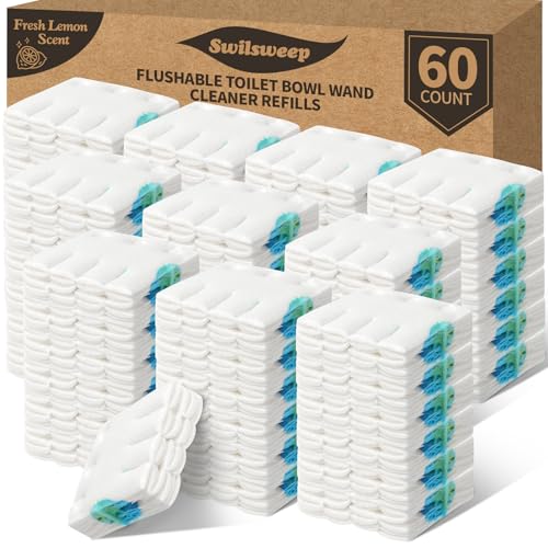 Swilsweep 60 PCS Flushable Toilet Wand Refills Compatible with Scrubbing Bubbles Toilet Bowl Brushes Lemon Scent Disposable Toilet Cleaner Refill Pads Removes Limescale & Freshens