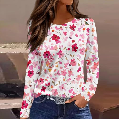 Long Sleeve Shirts for Women 2025 Fall Fashion Basic Trendy Crew Neck Floral Printed Casual Tops2