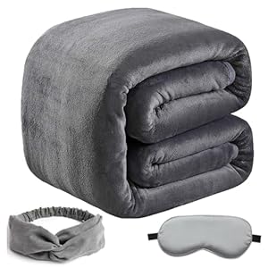 SOFTCARE Fleece 90″*90″ Bed Blanket with Eye Mask & Headband, All-Season,Anti-Static,Thicken 350GSM Warm Fuzzy Blanket Lightweight Thermal Blanket for Couch,Bed,and Sofa-Dark Gray, Queen Size