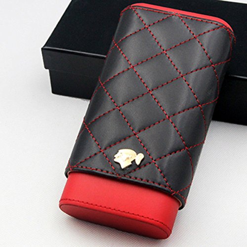 Adjustable Red Black Leather Cedar Wood 3 ct Cigar Case Holder Humidor