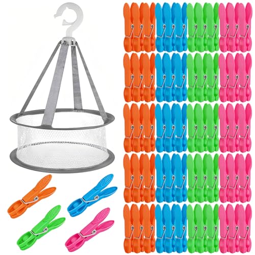 60 Pinzas para sin marcar, Pinzas de Ropa de Color con canastas,Bolsas para Ropa con Clips, de Calcetines de plástico, de tendedero, de Toallas,Clips de Fotos + 1 Cesta de Secado