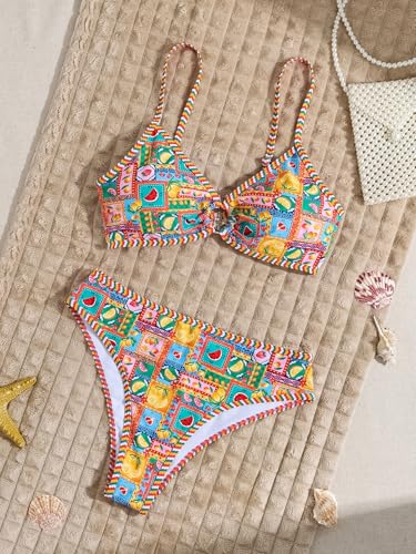 Image of Fanuerg Women's Triangle Bikini Sets O Ring Linked Two Piece Swimsuits Floral Printed Cheeky Bathing Suit