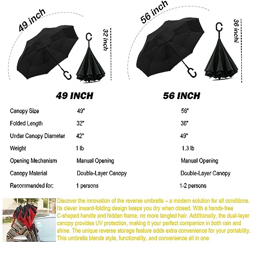 Image of SIEPASA 40 /49 /56 /62 Inch Inverted Reverse Upside Down Umbrella, Extra Large Double Canopy Vented Windproof Waterproof Stick Umbrellas with C-shape Handle.(Black, 56 Inch)