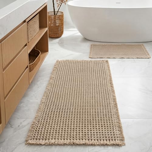 Furicher Large Waffle Bath Mat Set, Non Slip Bath Rug Set, Ultra Absorbent Bath Mats for Bathroom Decor, Extra Soft Floor Kitchen Rugs Sets 2 Piece, Washable Bath Runner Rug, Brown, 20"×47" & 16"×24"