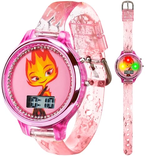 Disney Elemental Ember Lumen Kids’ Watch – Fiery Pink LCD Display with LED Lightshow Feature, Water-Resistant with Special Edition Gift Tin