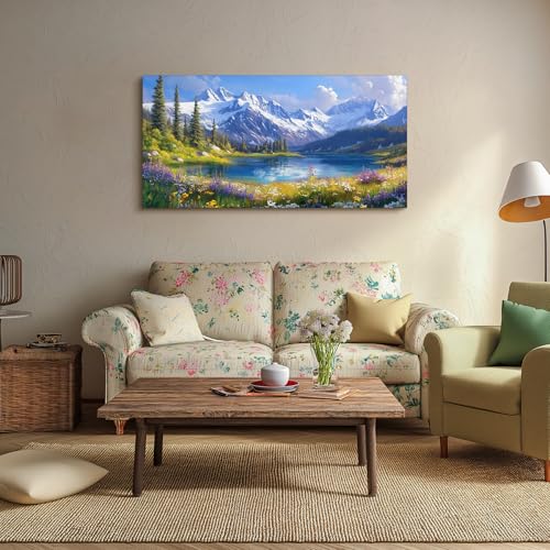 crmotu Nature Landscape Large Wall Art, Snow Mountain Lake Canvas Paintings, Meadow Wildflowers Art Prints, Rustic Chic Pictures Wall Decor Living Room Bedroom Farmhouse Cottagecore 30x60 Inch