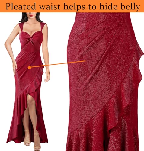 Image of VFSHOW Womens Glitter Sweetheart V Neck Twist Front Backless Ruched Ruffle Slit Formal Evening Gown Maxi Dress