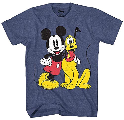 Mickey Mouse & Pluto Classic Distressed Vintage Dog Disney World Disneyland Funny Mens Adult Graphic Tee T-Shirt (X-Large)