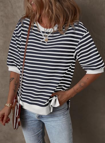 Image of Dokotoo Sweatshirt for Women Fashion Summer Tops Striped Casual Color Block T Shirt Casual Pullover