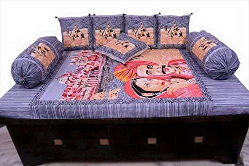 BhaiJi's Traditional Diwan Set 8 Pcs with 5 Cushions Covers, 2 Bolster Covers (Grey RajaRani)-image-5