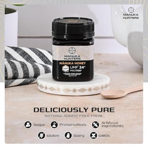 Image of Manuka Honey New Zealand UMF 24+ / MGO 1120+ | Each Batch UMF Certified | 100% Pure Raw Manuka Hunters Honey | Medical Grade for Skin, Gut Health & Wellness | 250G Jar