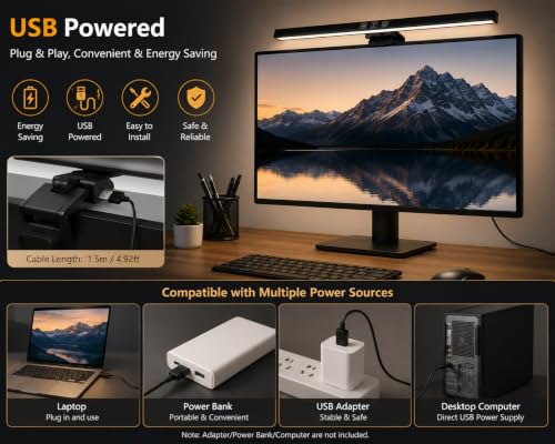 Image of ScreenBar Monitor Light | USB Powered Computer Screen Light with Touch Control, Adjustable Brightness, 3 Color Modes, Auto-Off Timer, Flicker-Free Anti-Glare LED Lamp for Office, Study & Gaming