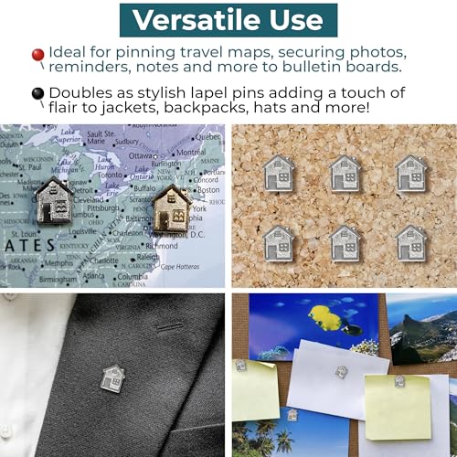 Image of Big House Push Pins - Silver Metal Home Pins - for Cork Board, Maps, or Lapel Pin Use - Designed in USA - Set of 4