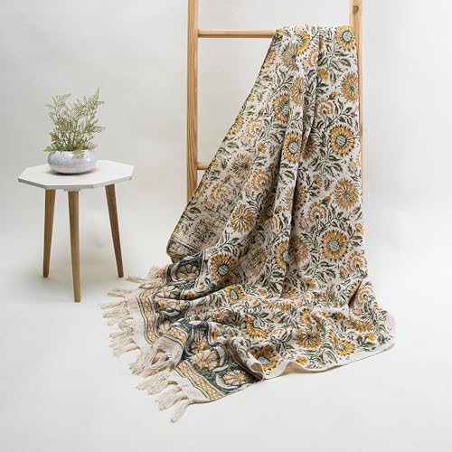 Image of Surajmukhi Flower Cotton Throw Blanket - Soft, Lightweight, Stylish Floral Pattern for Couch, Sofa, Bed - Perfect for Home Decor & Cozy Comfort 50X70 Inches (Set of 1)