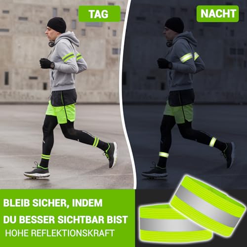 VERY IMPORTANT RUNNER - Reflektierende Armbänder - Elastisches Reflektorband mit 8 cm verstellbarem Verschluss & 2 cm Reflexstreifen - 360° Sichtbarkeit für Arme, Beine & Knöchel (Neon, 4 Stück)