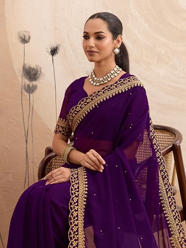 Image of Women's Georgette Embroidery Border Beads work Saree with Blouse Piece