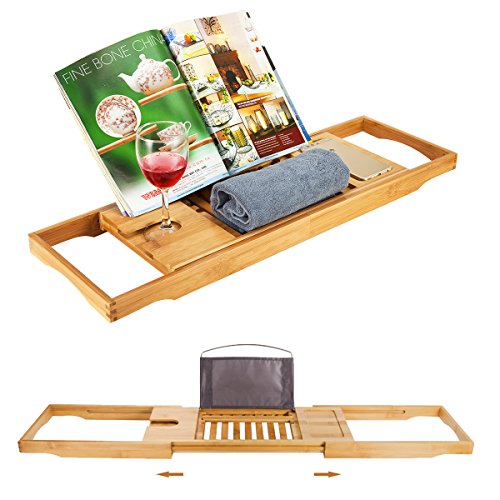 Witasm Bandeja para Bañera de Bambú Bandeja de Baño Ajustable entre 70,2 y 104cm con Soporte para Copa de Vino, iPad y Móvil