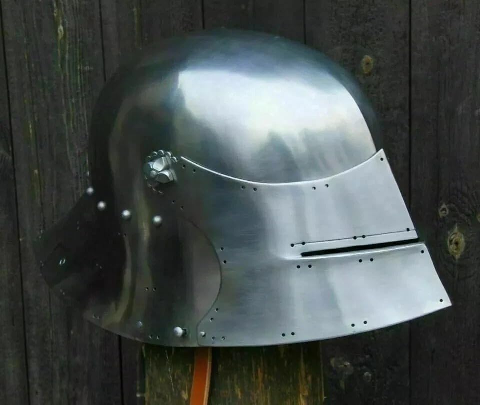 Medieval Knight Sallet Helmet, Metal Construction, Silver Finish, One Size Fits Adults, Wearable Jagdschaller Design for Costume Parties, Halloween, Historical Reenactment