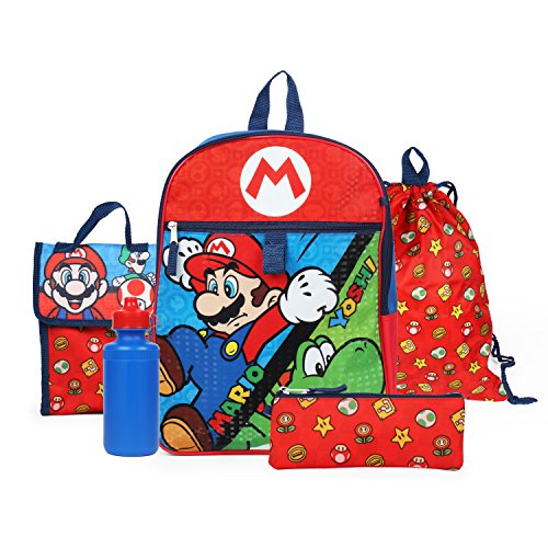Nintendo Boys Super Mario Backpack Back to School 5 Piece Essentials Set