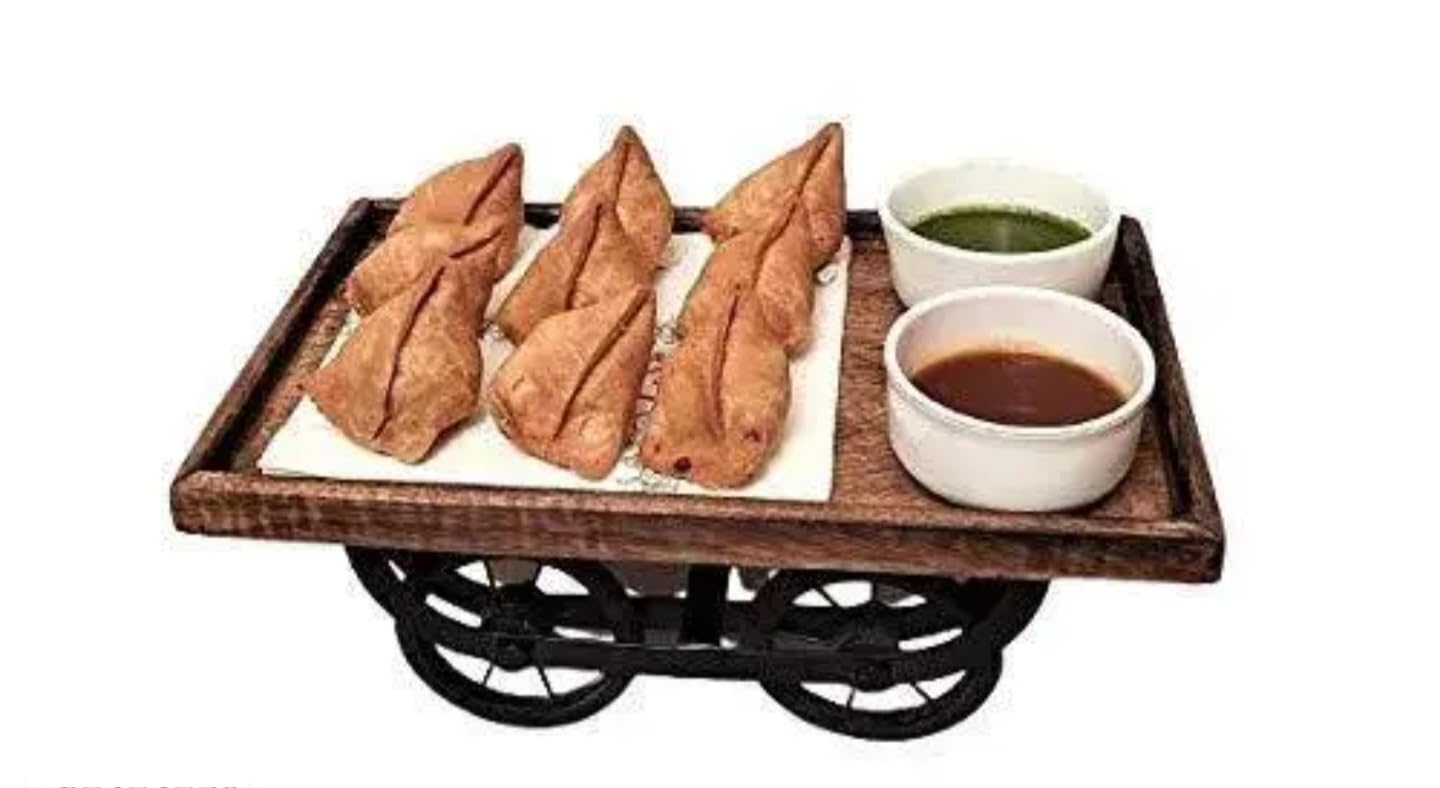 Carrito de madera rústica para servir con bandeja de presentación y cuencos