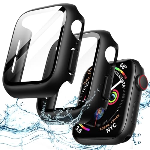 JETech Cover Impermeabile con Pellicola Protettiva per Apple Watch SE 3/2/1 (2025/2022/2020) / Series 6 5 4 44mm, Integrato Vetro Temperato Film PC Rigido Protettiva Completa Custodia, 2 Pacco (Nero)